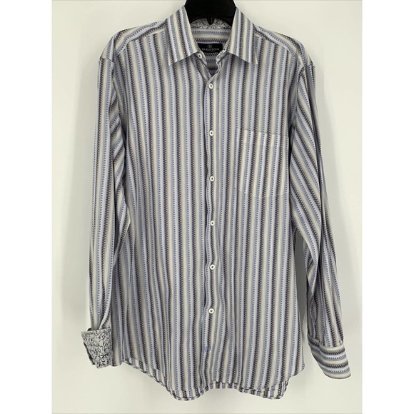 Bugatchi Uomo Shirt Blue‎ Grey Embroidered Thread Flip Cuff Zig Zag Sz L - Picture 3 of 9